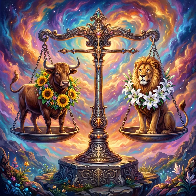 Vibrant Balancing Scales with Bull & Lion