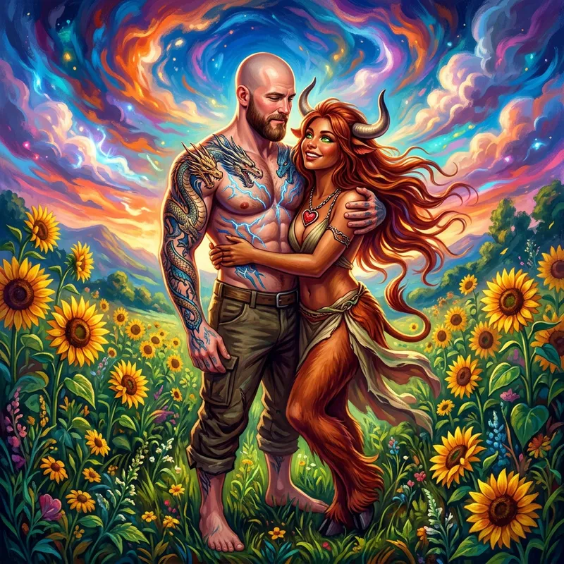 Surreal Art: Man Embracing Mythical Creature in Field Surreal Art: Man Embracing Mythical Creature in Field