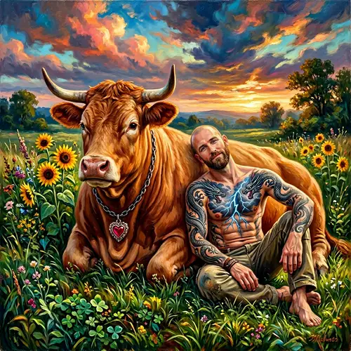 Serene Bull & Man in Colorful Field Painting