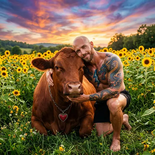 Vivid Bull and Man in Colorful Field Art