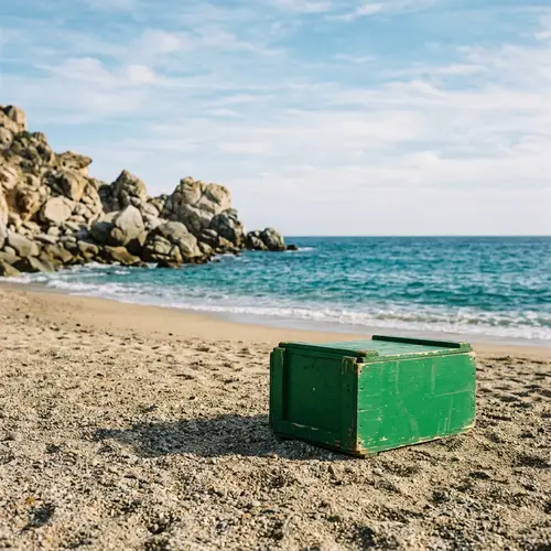 Analog Film Photography: Green Box on Beach with Boulder Rocks