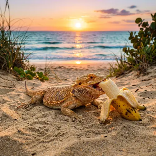 Bearded Dragon Eating Banana on Serene Beach