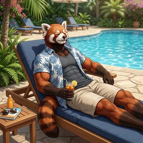 Male Red Panda Demi-Human by Pool in Casual Summer Outfit