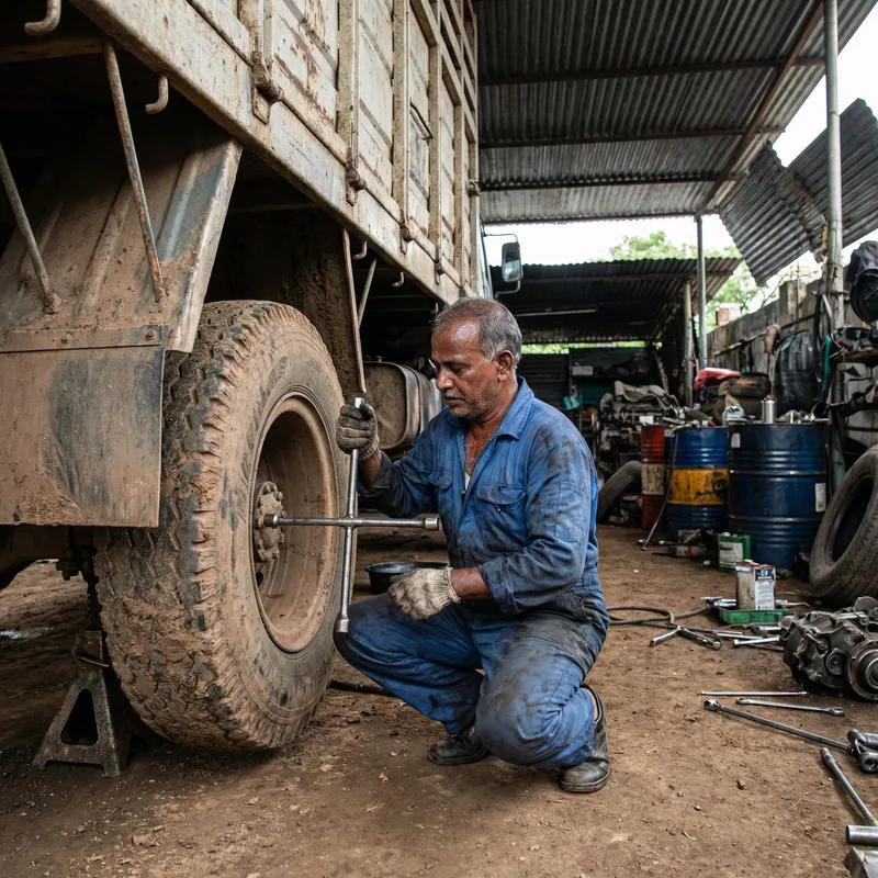 Man Changing Wheel on Cargo Truck