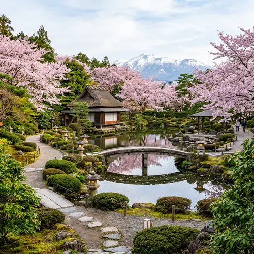Tranquil Japanese Garden in Aomori: Walking Paths, Tea House, Cherry Blossoms