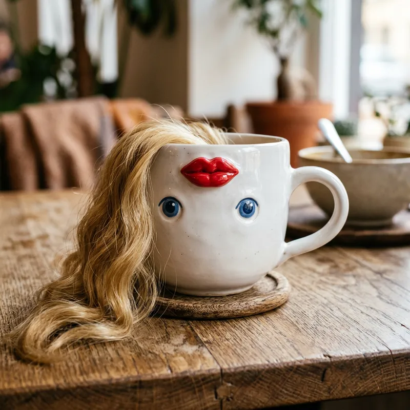 Beautiful Anthropomorphic Cup with Blue Eyes, Blonde Hair, and Red Lips