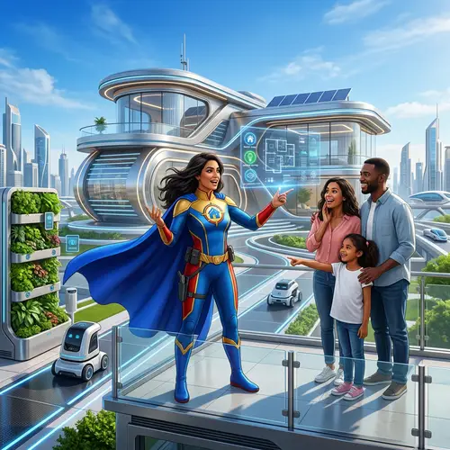 Superhero Real Estate Agent Selling Futuristic House