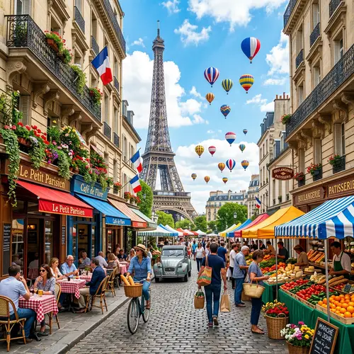 Vibrant and Colorful France: Cobblestone Streets, Eiffel Tower, Outdoor Markets