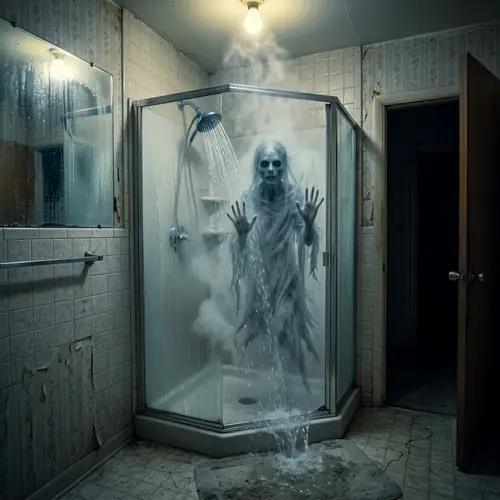 Eerie Bathroom Scene with Terrifying Apparition
