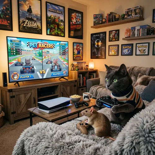 Cat and Rat Video Game Duo on a Cozy Couch