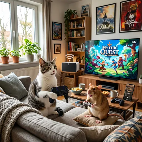 Cat and Rat Playing Video Games Together in Well-Lit Room