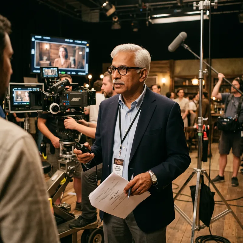 65-Year-Old Director with Short Light Hair and Mustache in Glasses