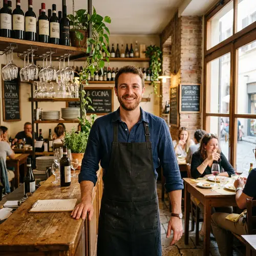 Smiling Chef in Cozy Osteria Setting