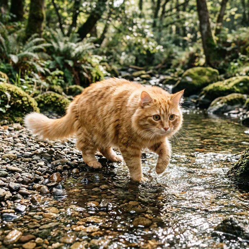Curious Orange Tabby Cat Exploring Water