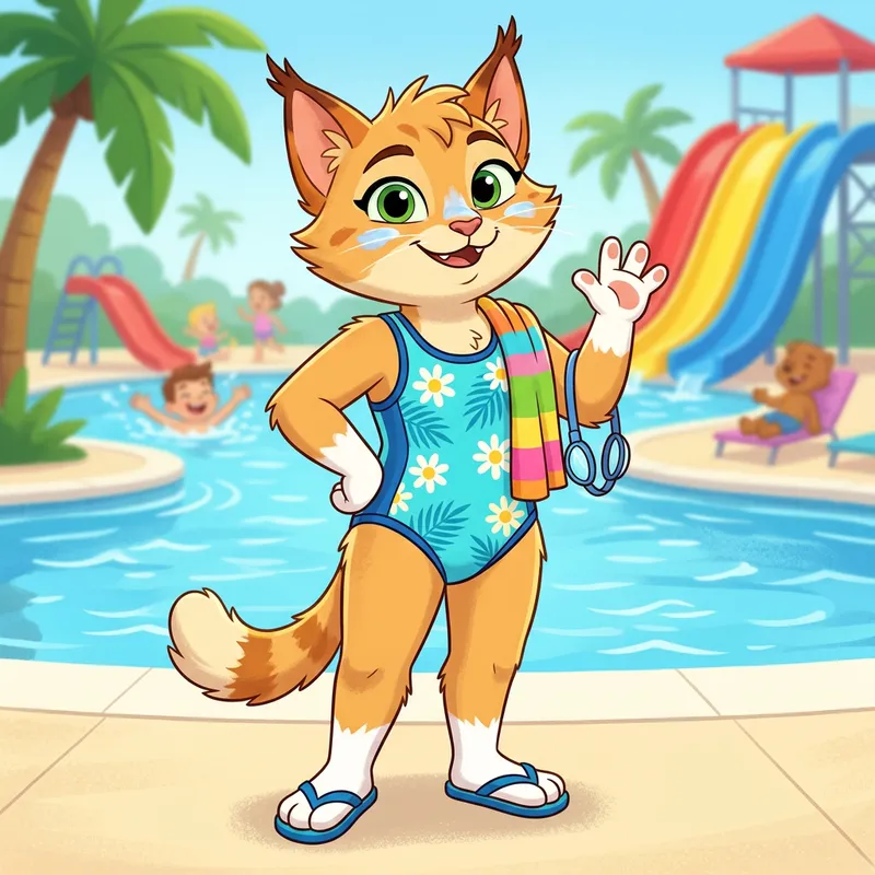 Furry Cartoon Cat in Swimsuit - Cute Beach Kitty