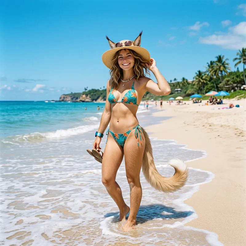 Humanoid Figure in Bikini at Serene Beach Setting