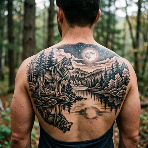 Majestic Wolf Tattoo Design with Moonlit Forest Reflection