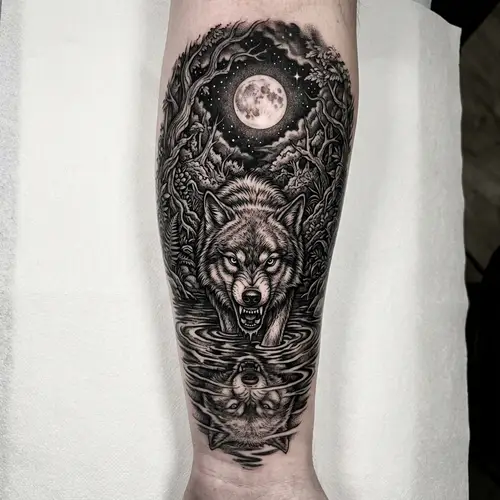Detailed Black and White Wolf Tattoo Design with Forest Landscape and Moon