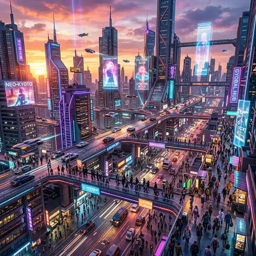 Futuristic Cityscape at Sunset: High-Tech Sci-Fi World
