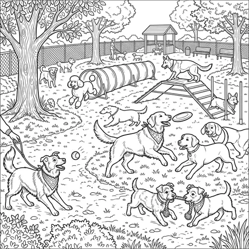 Busy Dog Park Coloring Page for Teens