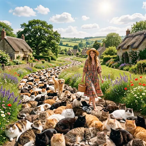 Whimsical Pathway: Cats on a Sunny Day