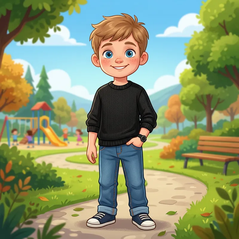 Cute Blond Boy with Blue Eyes, Black Sweater, and Cartoon Denim Pants