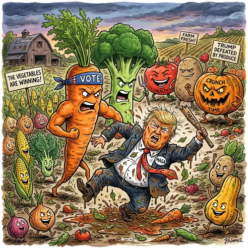 Trump Cartoon: Fruits and Veggies Triumph