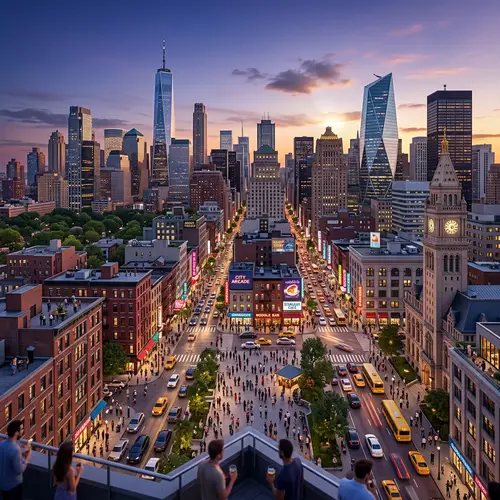 360-Degree Panoramic View of Vibrant City Life with Diverse Skyline