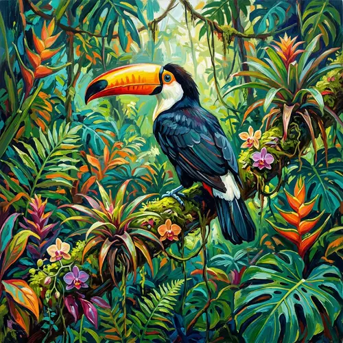 Lush Rainforest Painting with Toco Toucan | Vibrant Artwork