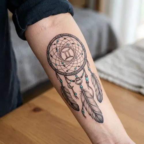 Dreamcatcher Tattoo with Gemini Symbol