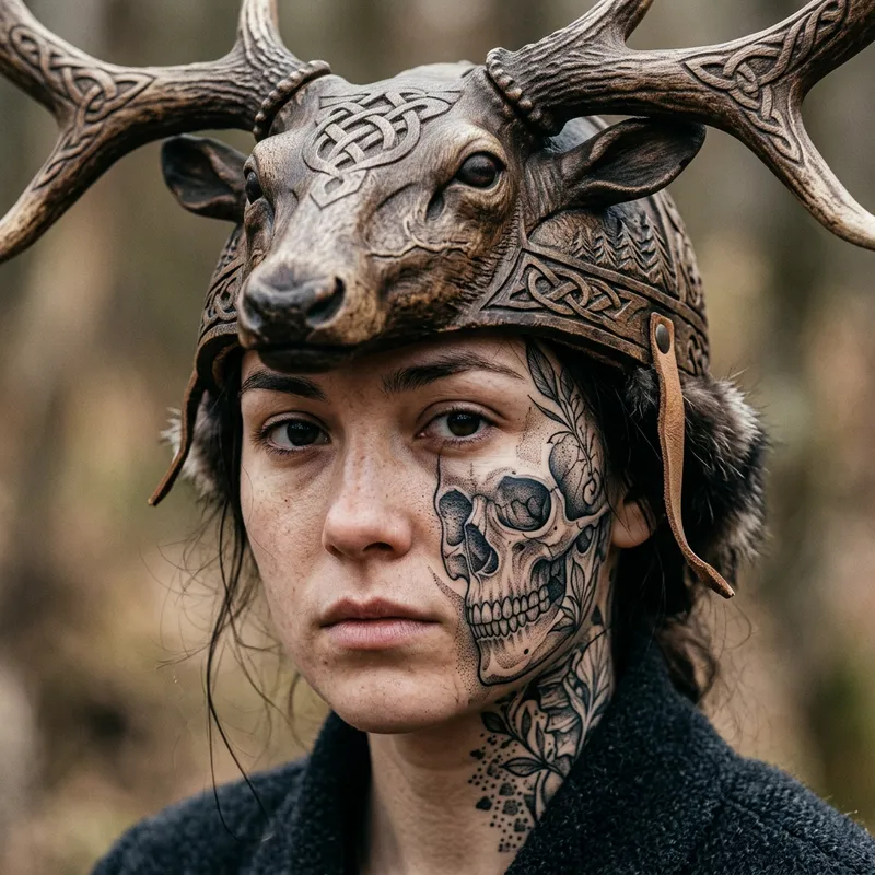 Woman's Face with Skull and Animal Head Helmet Realism Blackwork Tattoo