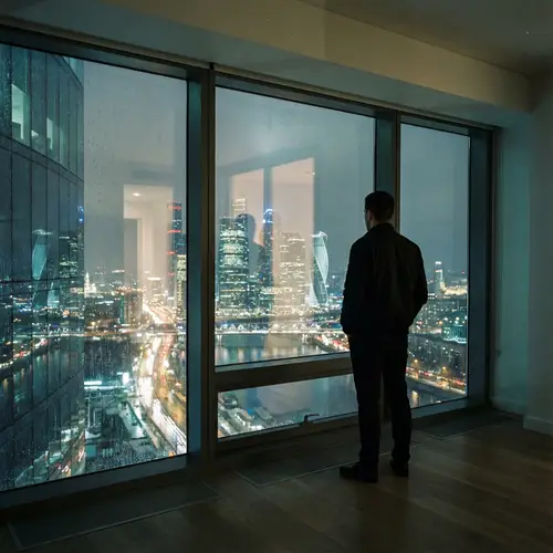 Man Gazing at City Skyline Through Window at Night