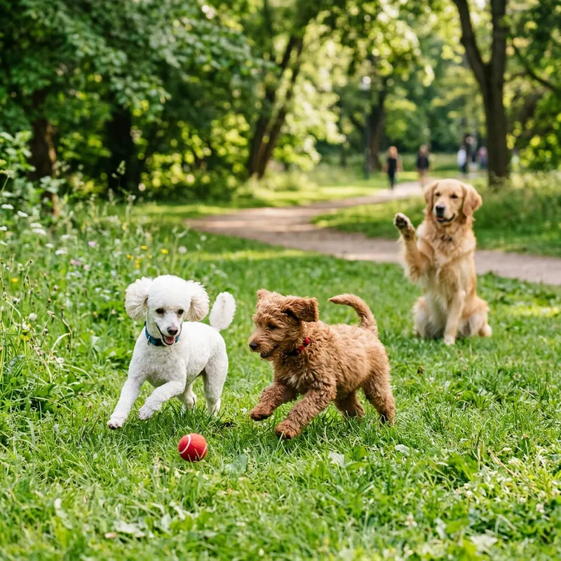 French Poodle and Golden Doodle Playing Ball
