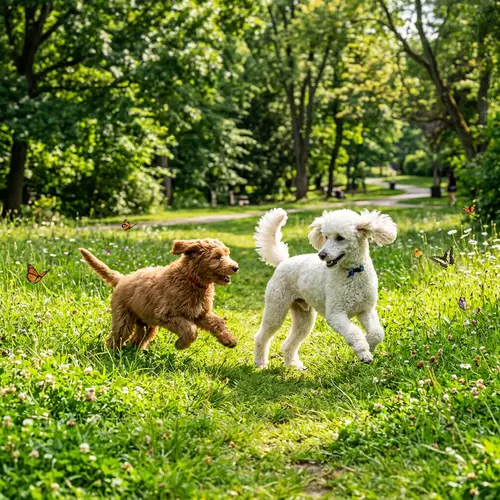 White French Poodle and Brown Golden Doodle Playful Encounter