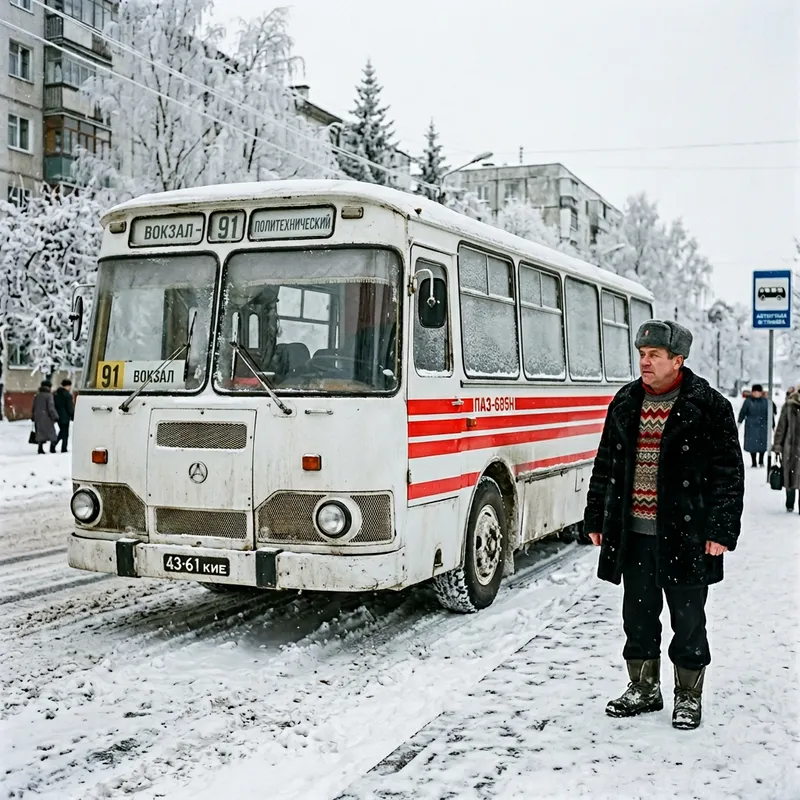 Winter Scene: Soviet-Style Man & LAZ-695N Bus