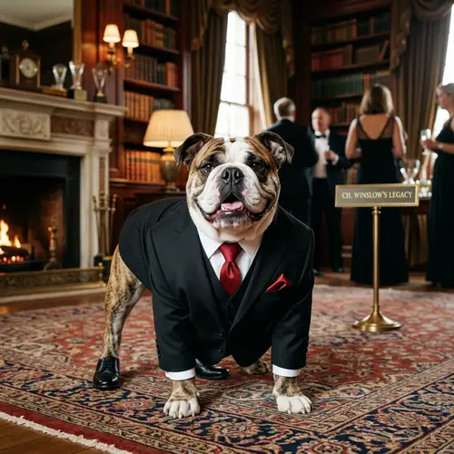 Elegant Bulldog in Black Suit with Red Tie