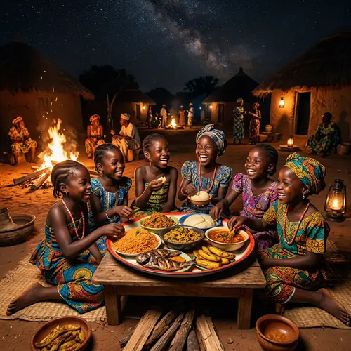 African Young Girls Enjoying Traditional Village Feast at Night