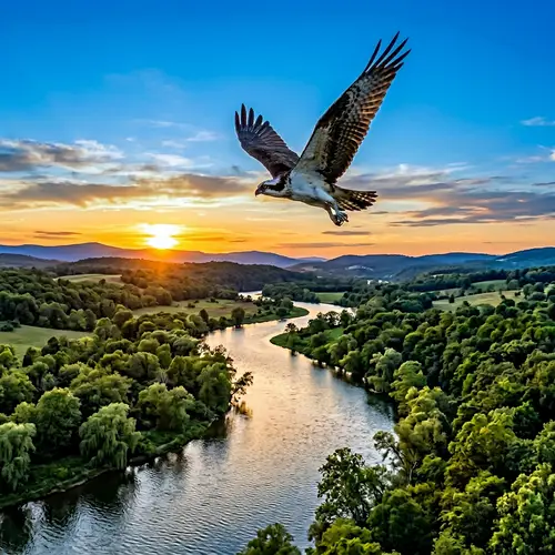 Tranquil Bird Flying Over Meandering River | Golden Twilight Scene