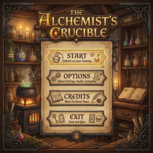 Medieval Game Menu: Start, Options, Credits, Exit - Potion Craft Style