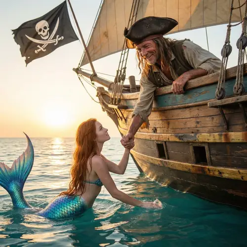 Romantic Pirate and Mermaid Adventure Illustration