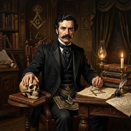 Masonic Figure in 19th Century Garb with Skull and Compass