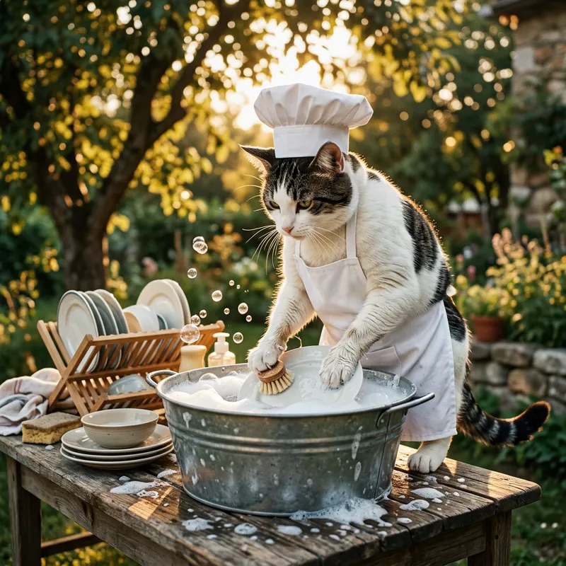 Chef Cat Washing Plates in Rustic Outdoor Setting Chef Cat Washing Plates in Rustic Outdoor Setting