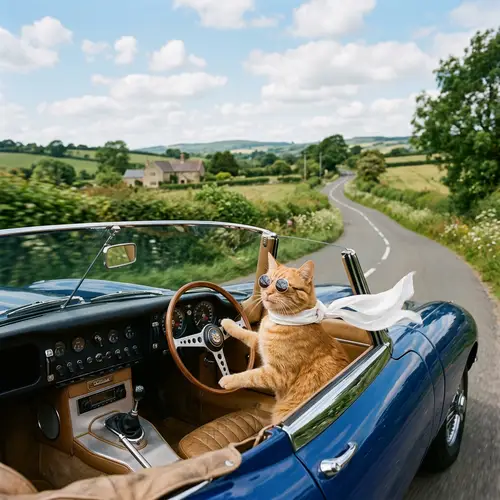 Vintage Cat Driving Classic Car with Whimsical Style