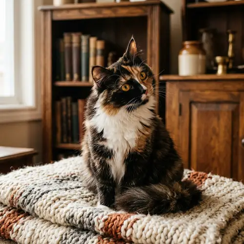 Fluffy Domestic Cat with Amber Eyes | Tri-Colored Fur Pattern