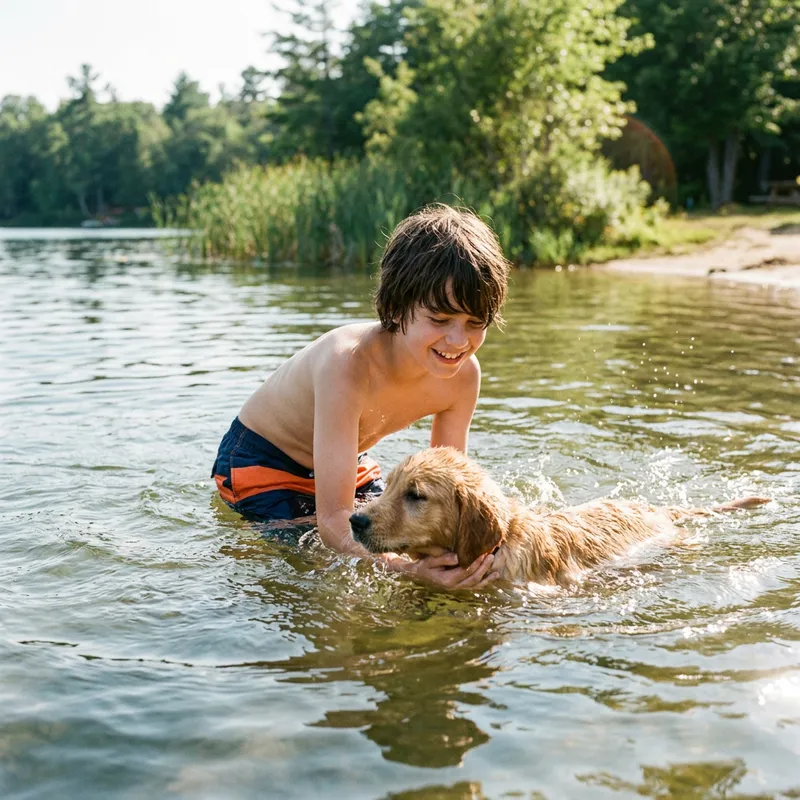 Boy Swims with Golden Retriever Puppy Boy Swims with Golden Retriever Puppy