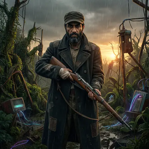 Post-Apocalyptic Soldier in Cyberpunk Wilderness