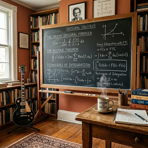Integral Equations on Chalkboard, Coffee & Gibson Les Paul