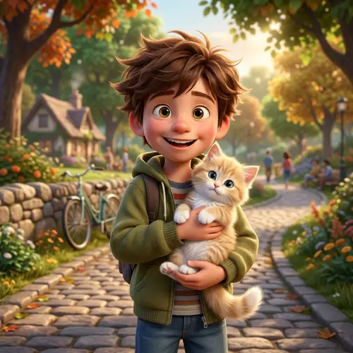 Youthful Pixar Style Boy with Chestnut Brown Hair and Blonde Kitten