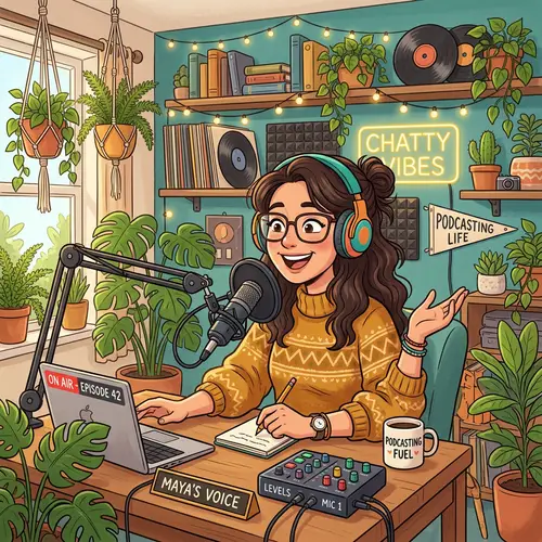 Cheerful Female Podcaster in Cozy Home Studio