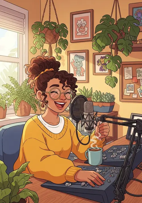 Cheerful Female Podcaster in Cozy Home Studio